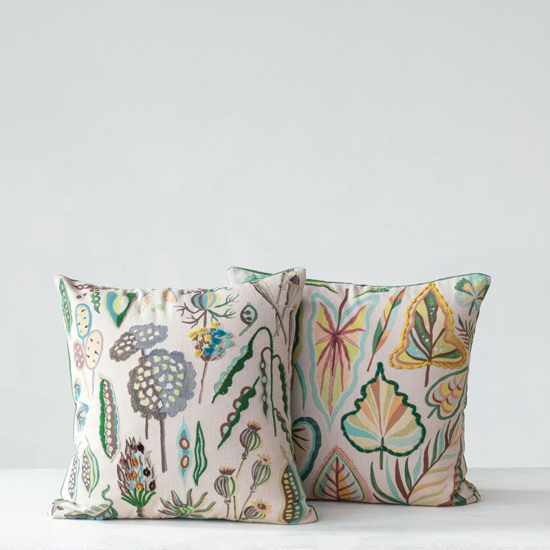 Botanical Embroidered Cotton Square Throw Pillow Set