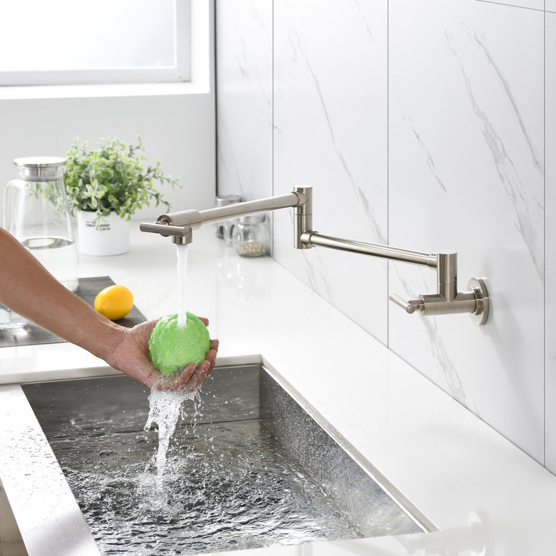 Robinet de cuisine mural pliant en nickel brossé - Poignées doubles pour une distribution optimale de l'eau, la corrosion et le traitement de surface des empreintes digitales, contrôle précis des éclaboussures