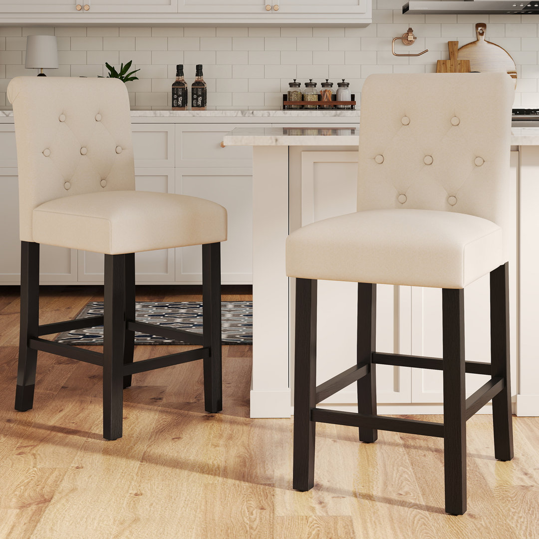 Button Tufted Barstools Upholstered Wooden Kitchen Counter Height Stools With Solid Wood Legs, Set Of 2 (Set of 2) Red Barrel Studio® 