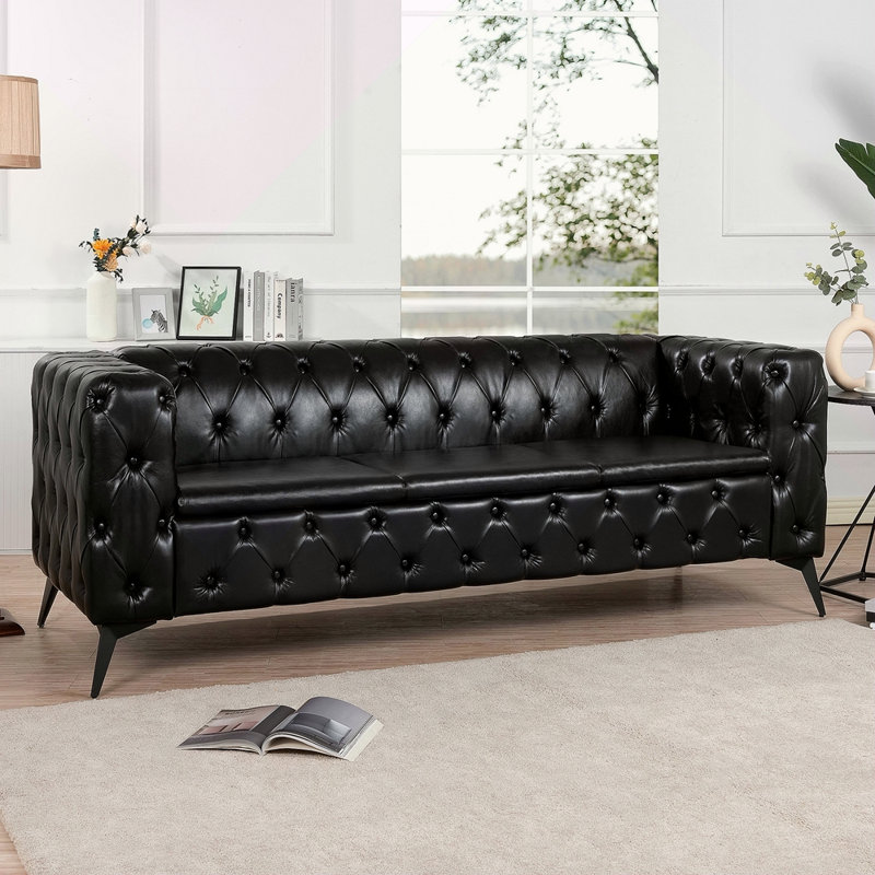 Natsue 84.06'' Faux Leather Sofa, Black Faux Leather
