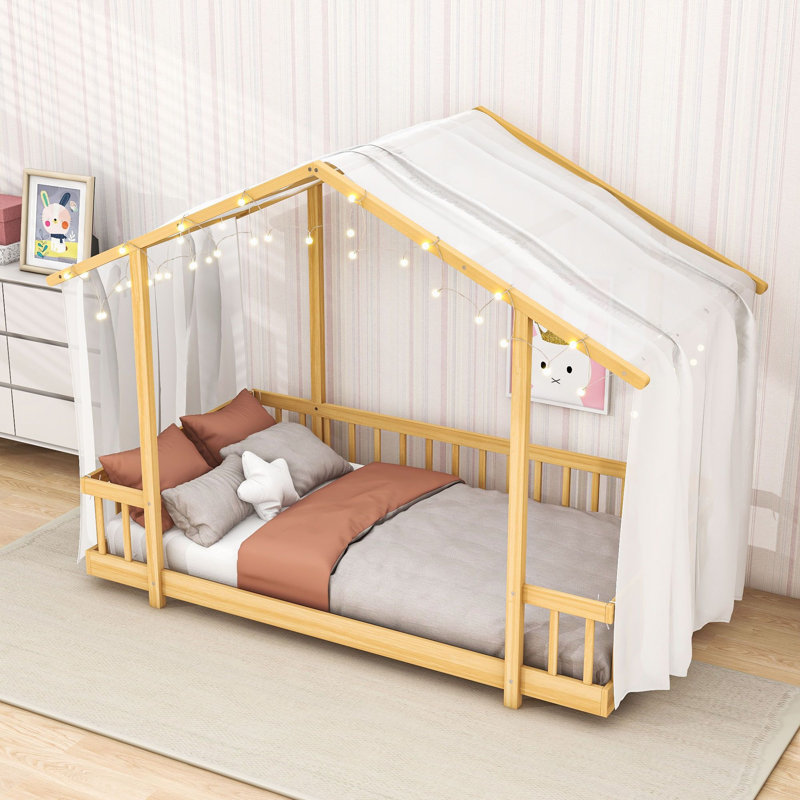 Lit plateforme en bois avec baldaquin en tissu transparent et guirlande lumineuse, Twin, Naturel