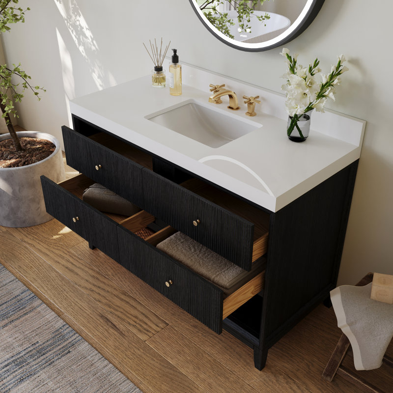 Meuble-lavabo simple autoportant de 48 po avec comptoir en quartz blanc et sous-comptoir Momo, Chêne noir, 48"