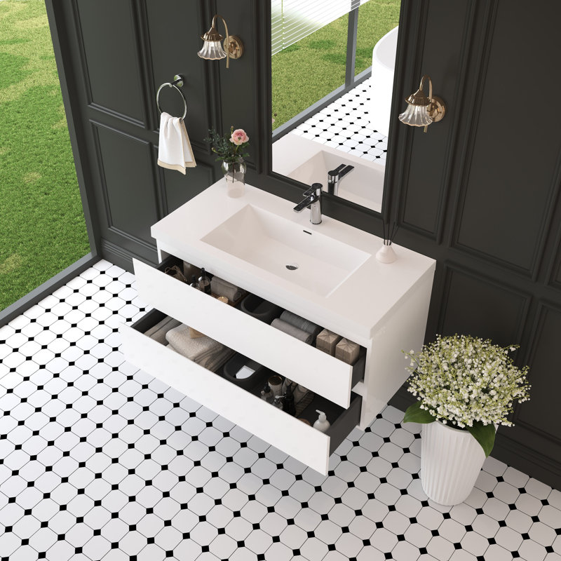 Meuble-lavabo de 42 po avec lavabo blanc brillant, lavabo à surface solide, tiroirs à fermeture en douceur, fonctionnel et élégant, espace, comptoir en résine, facile à assembler, plateau de meuble flottant de construction