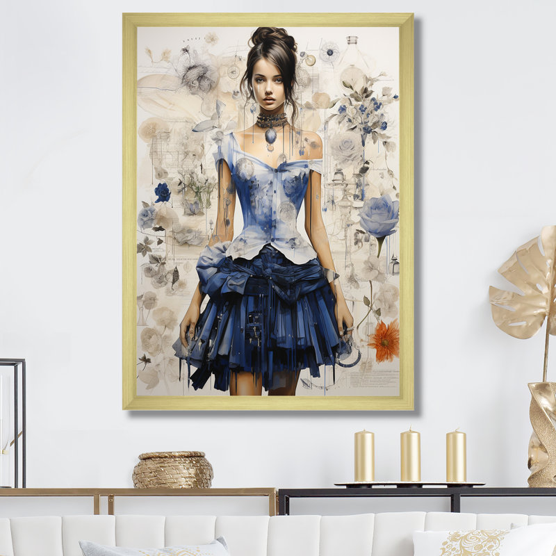 Dessin de robe haute couture sur toile, Cadre doré simple, H 20 po x l 12 po x P 1 po