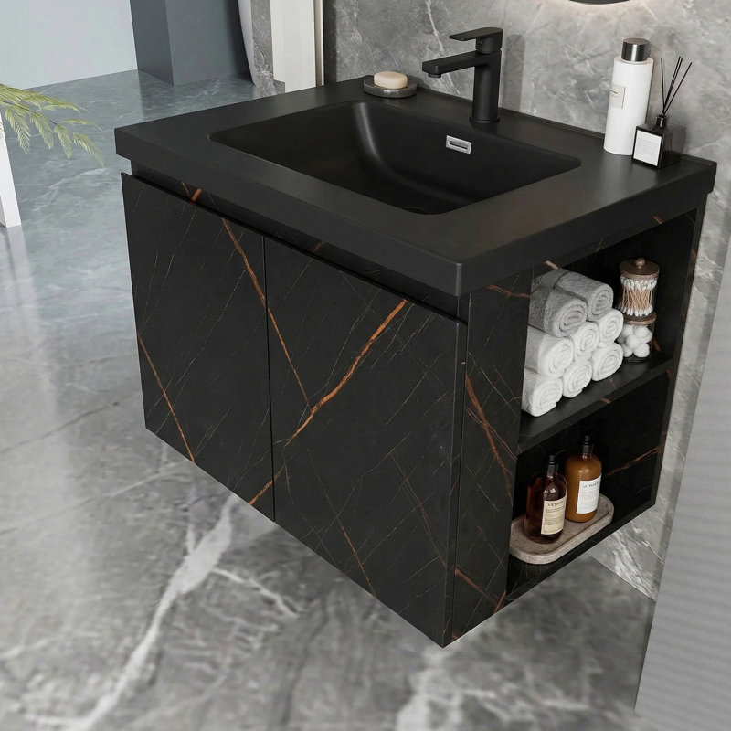  28" Wall-Mounted Black Bathroom Vanity Set with Integrated Resin Sink and Drain Assembly
