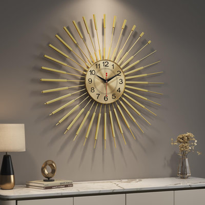Wall Clock, Large Sunburst Mid Century Modern Clocks, Silent Non Ticking Battery Operated Decorative Wall Clock, (Gold)