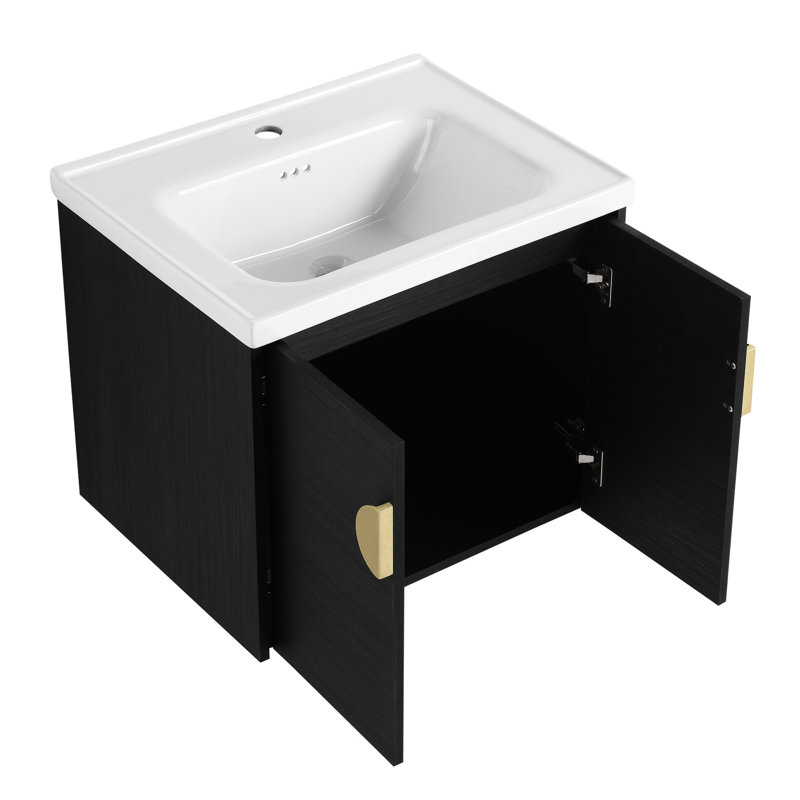 Wall Mounted Bathroom Cabinet 60 Inch With Sink - Black Chestnut, Modern Style 60" Vanity Ceramic Basin And Mounted, Chestnut