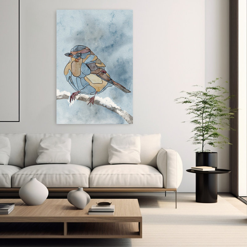 Petit oiseau dans un froid hivernal délicat, oiseau abstrait, paysage d'hiver, art mural, H 60 po x l 40 po