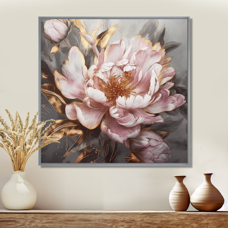 «Pink Gold Pe pivoens Petals» - reproduction d'art sur toile encadrée, H 30 po x l 30 po, Reproduction avec cadre flottant