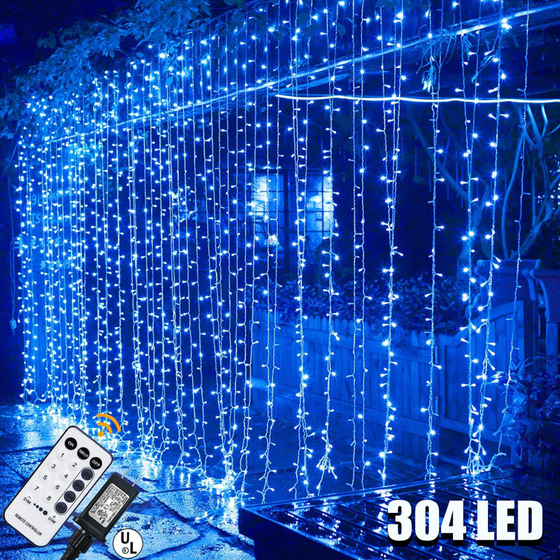 304 LED Curtain Plug in String Lights, 8 Modes with Remote Contro, Blue