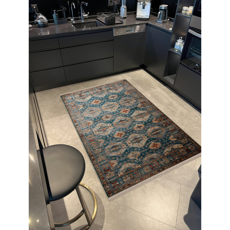 Tapis décoratif bleu à motif traditionnel bleu et beige, Tapis de couloir 3 pi 4 po x 9 pi 11 po