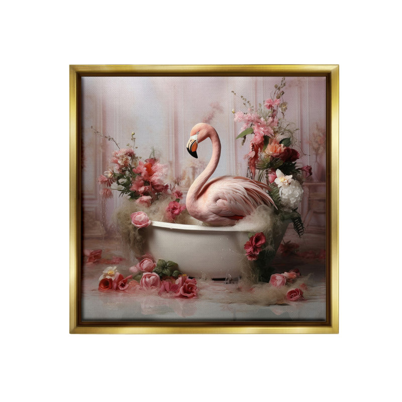 "Flamingo In Stately Bathroom" par Lazar Studio sur toile, Cadre flottant métallique doré, H 25 po x l 25 po