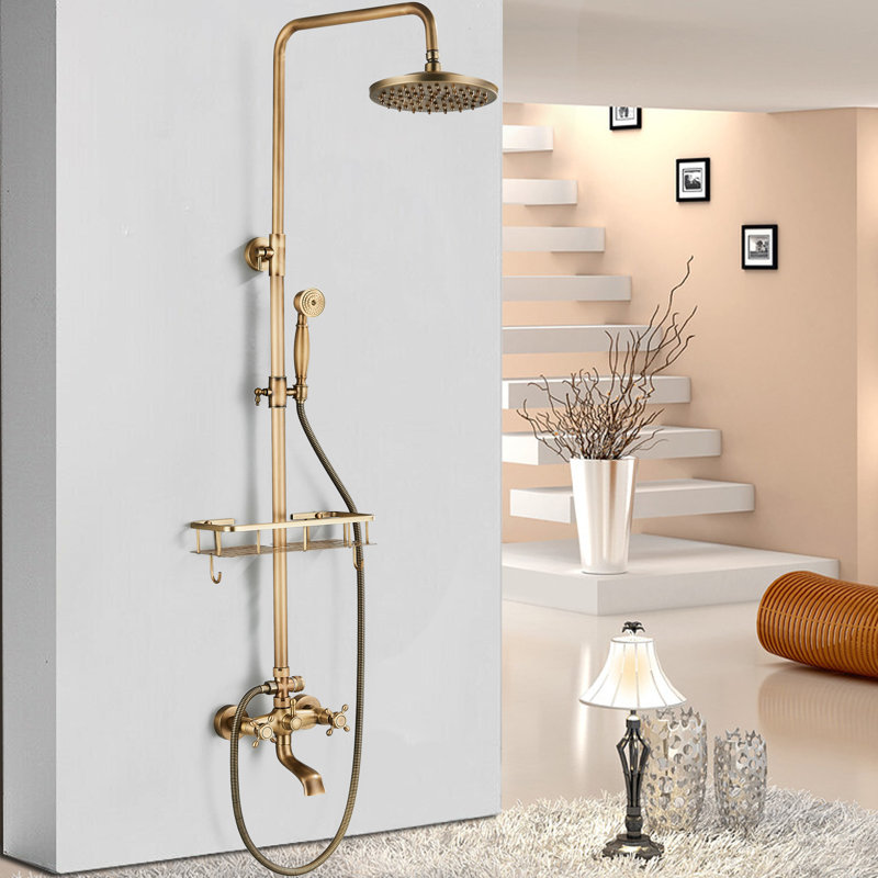 Antique Brass Shower Fixture Bathroom Shower Faucet Set 8 Inch Rainfall Shower Head Handled Shower Waterfall Tub Spout Wall Mounted Outdoor Shower System with Shower Shelf