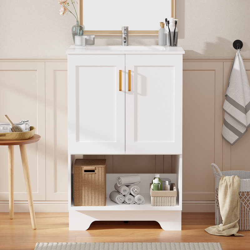 Meuble-lavabo de salle de bain moderne 24 po avec lavabo, 2 portes à fermeture douce et 1 tablette ouverte, armoire de rangement pour salle de bain, blanc