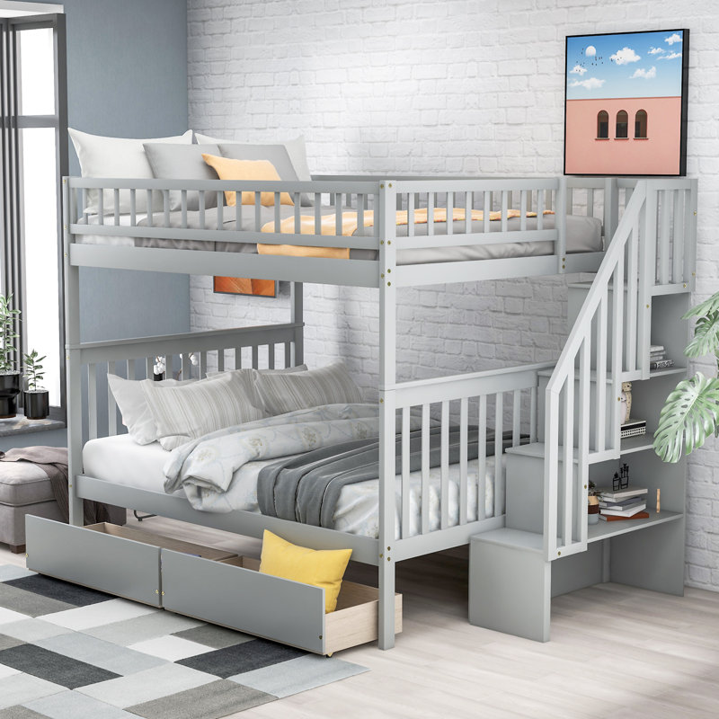 Lit superposé avec deux tiroirs et rangement, Gris