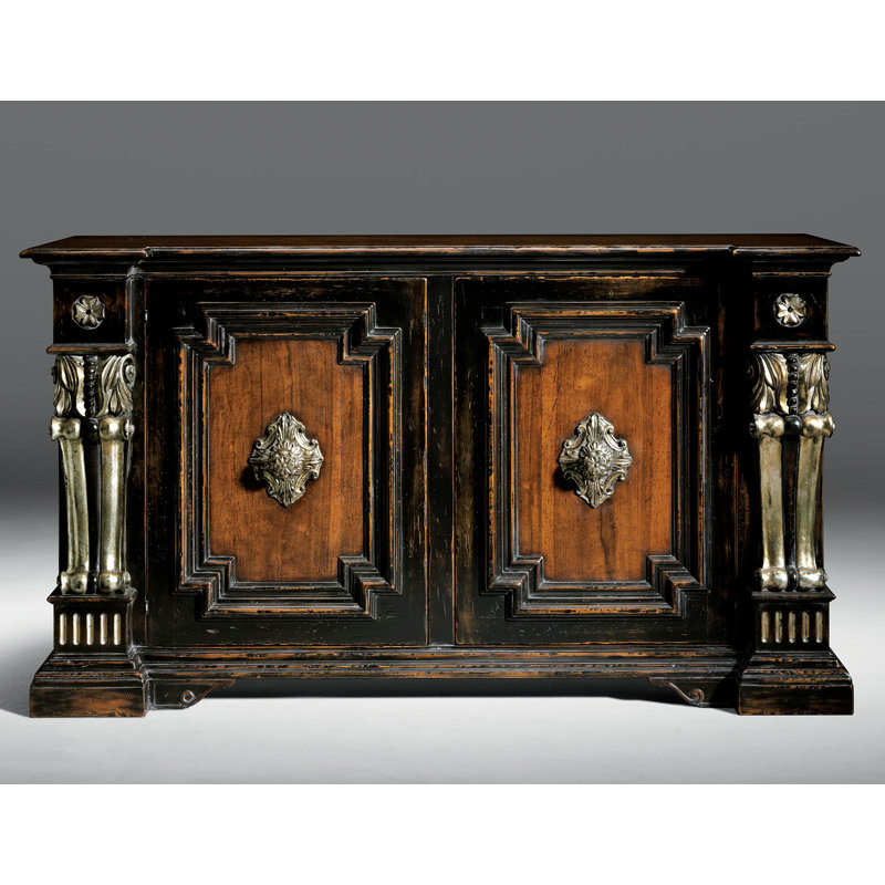 88" Wide 1 Drawer Walnut Wood Sideboard, Silver & Black