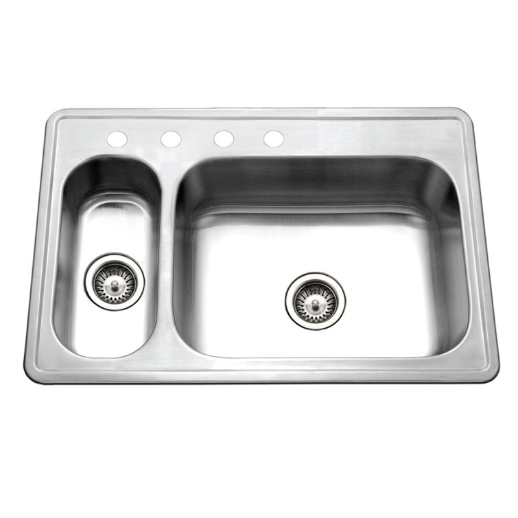 Houzer 33 in Stainless Topmount 4-hole 80/20 Double Small Left Sink w/ Strainer,Grids-LHD-3322-C