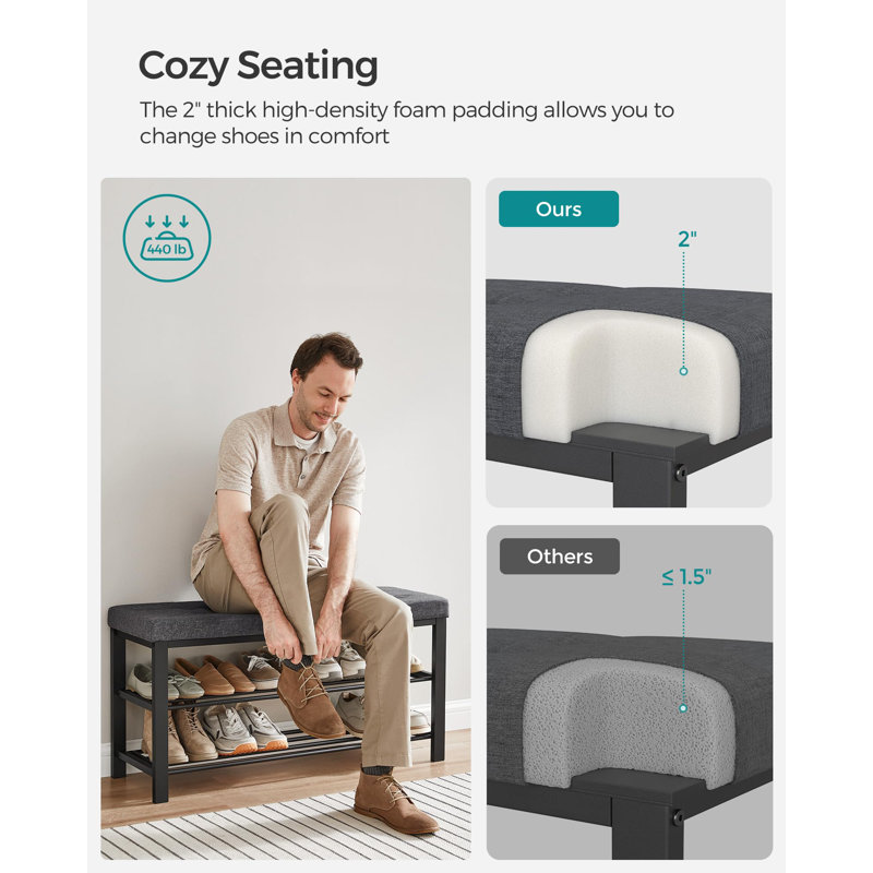Banc de rangement pour chaussures gris foncé, 2 niveaux, structure en acier robuste, l 39,4 po, rembourrage en mousse pour l'entrée, le salon, la chambre à coucher