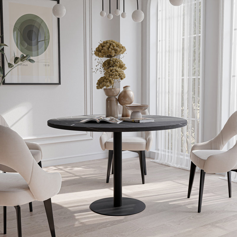 Extendable Round Dining Table, White, Grigia Pietra