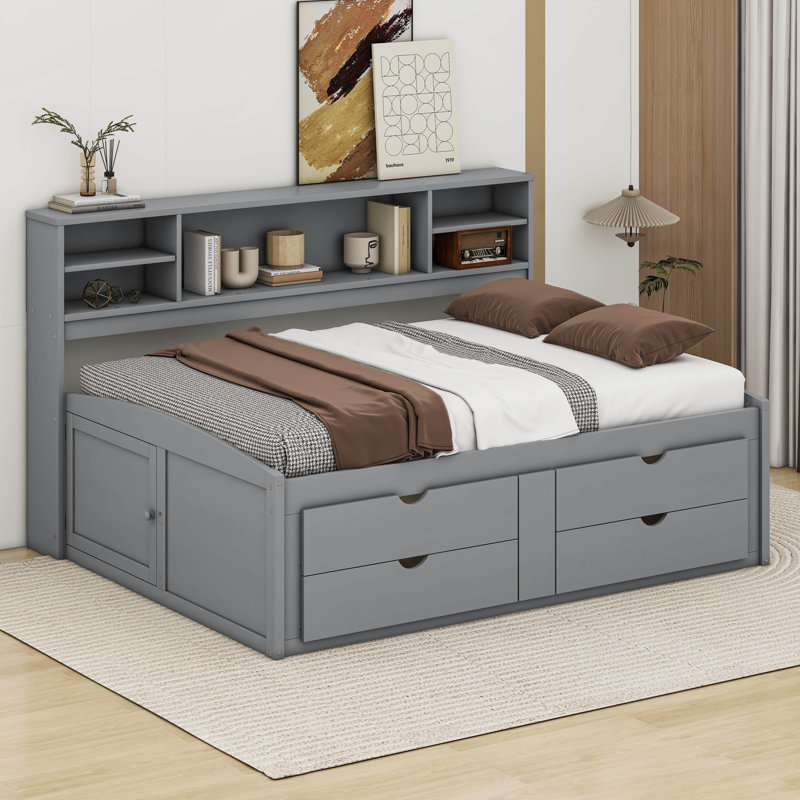 Full Size Wood Daybed with 2 Bedside Cabinets, Upper Shelves and 4 Drawers, Gray