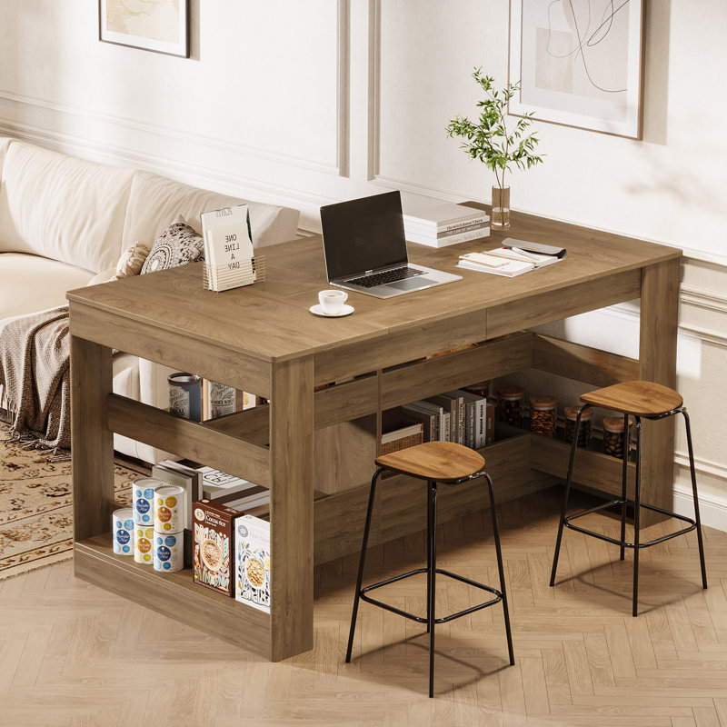 Îlot de cuisine 63 po avec rangement, table de îlot stationnaire en bois à 3 niveaux avec grand plan de travail et espace pour les jambes