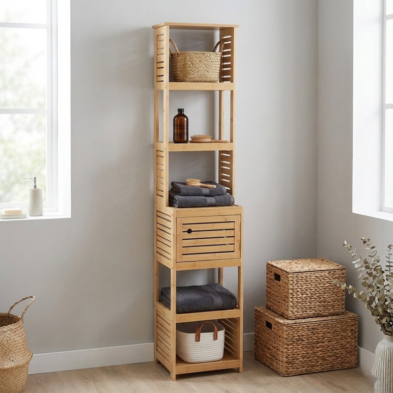 Grande armoire de rangement pour salle de bain avec plusieurs tablettes et porte ventilée, naturel - Collection Trinidad
