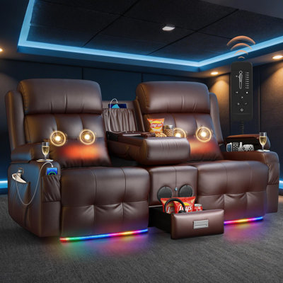 Wall Hugger Power Reclining Loveseat Sofa with Console, Faux Leather RV Recliner,Home Theater Seatingwith Heating & Massage, Bluetooth Speaker, LED Light, USB & Type-C Ports, Storage Armrests
