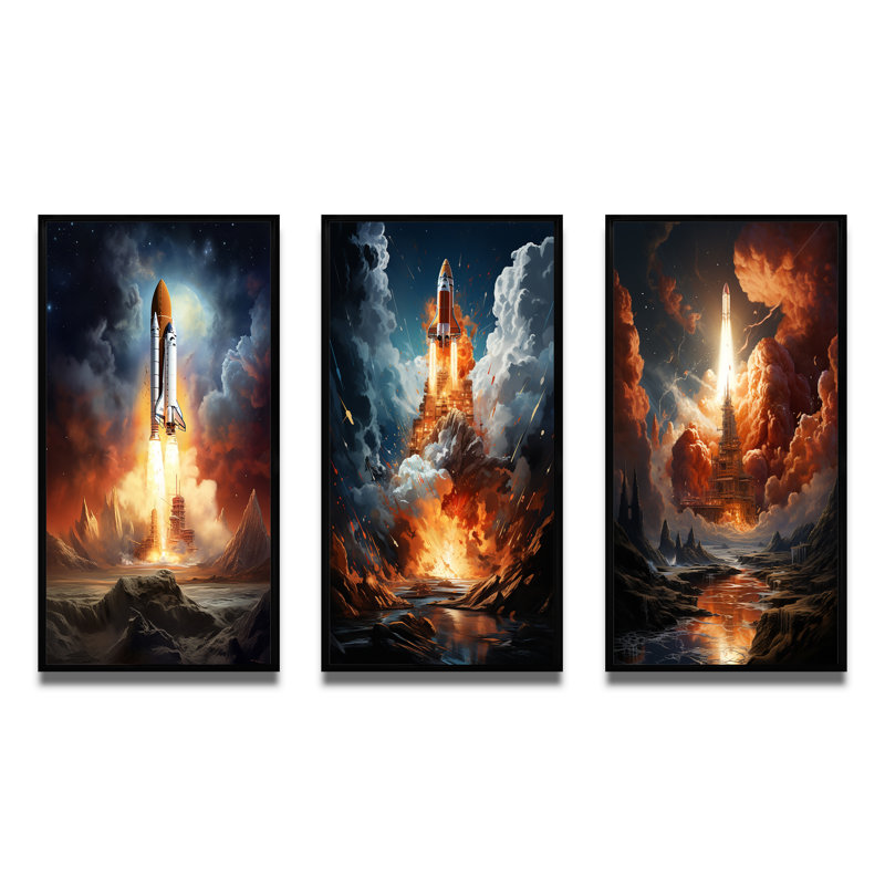 «Rocketship Celestial Dreams», 3 pièces sur toile, Cadre flottant noir, H 28 po x l 36 po