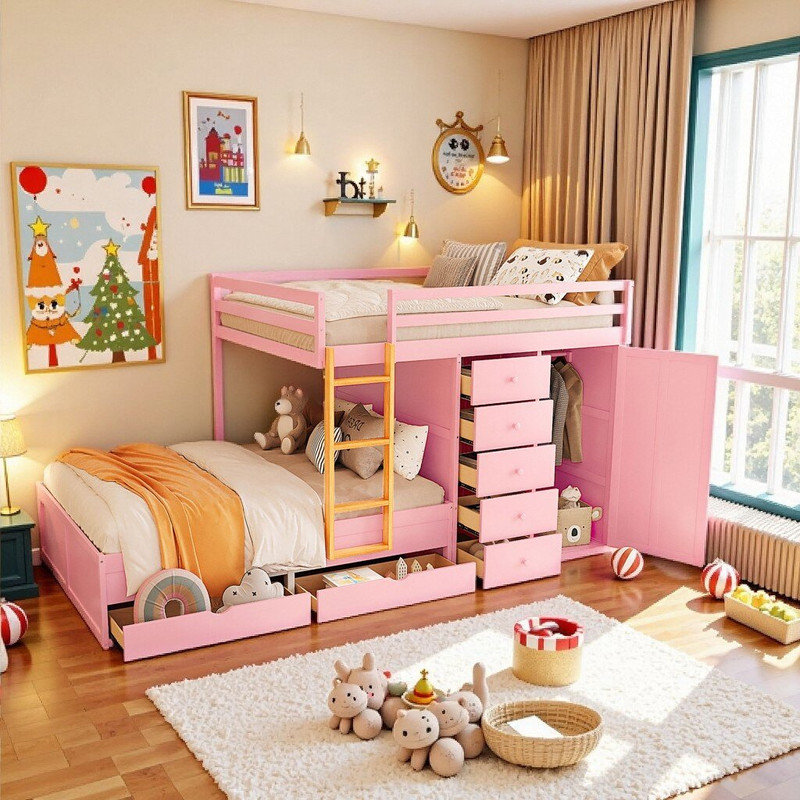 Lit double superposé double avec rangement 2 grands tiroirs 5 petits tiroirs et garde-robe, Rose