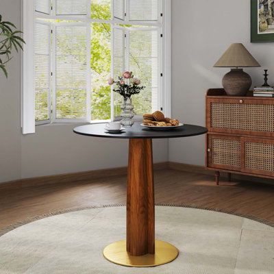 Table de salle à manger moderne pour 2 personnes avec pied en bois en forme de moulin et base dorée pour petits espaces