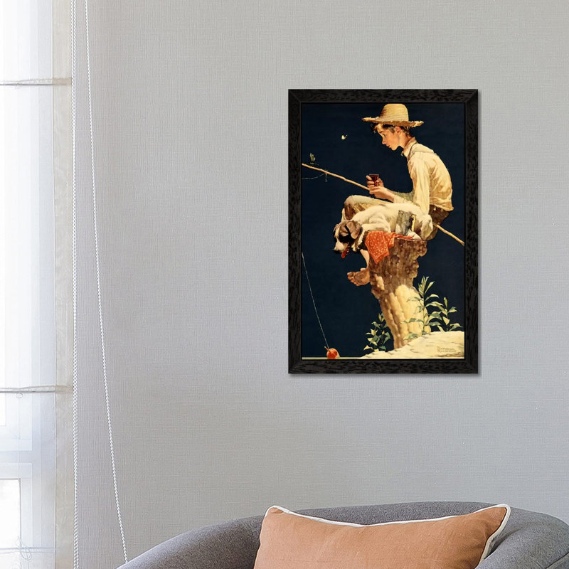 Boy Fishing by Norman Rockwell - Painting on Canvas, 66.04 cm H x 45.72 cm W, Black Framed