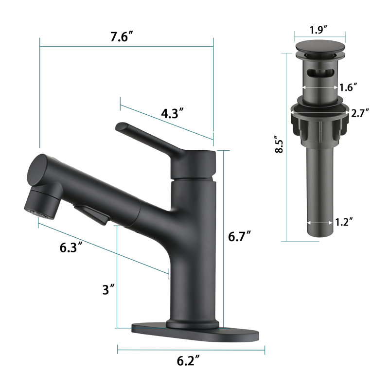 Pull Out Single Hole Bathroom Sink Faucet With Metal Pop Up Drain, Matte Black