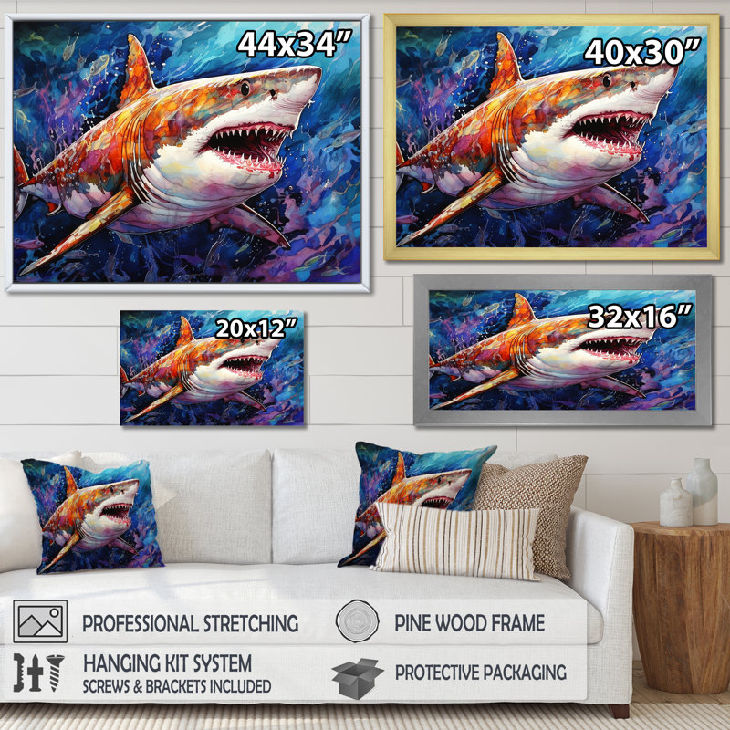 Shark Haven Under Water, peinture sur toile II, Cadre simple noir, H 30 po x l 40 po x P 1,5 po