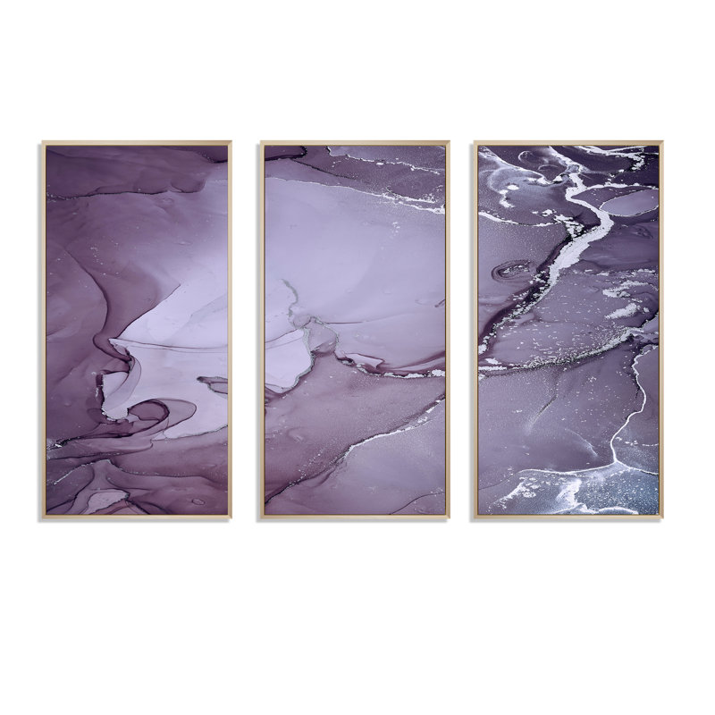 Encre de marbre mauve et grise mauve - impression sur toile flottante 3 pièces, H 32 po x l 48 po x P 1 po, Cadre brun