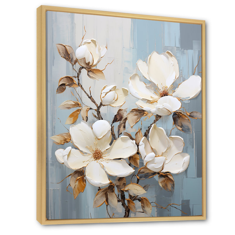 Minimalisme blanc et bleu Magnolias Florescence II sur toile, Cadre naturel flottant, H 32 po x l 16 po x P 1 po