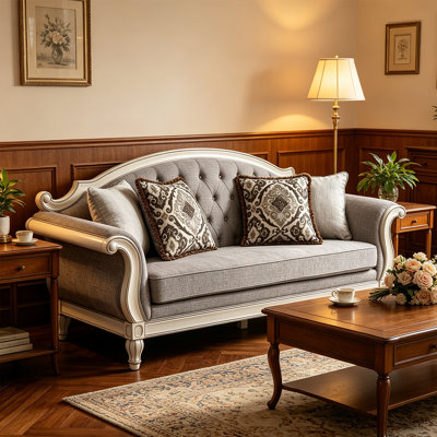Vintage Carved Fabric 3‑Seater Sofa