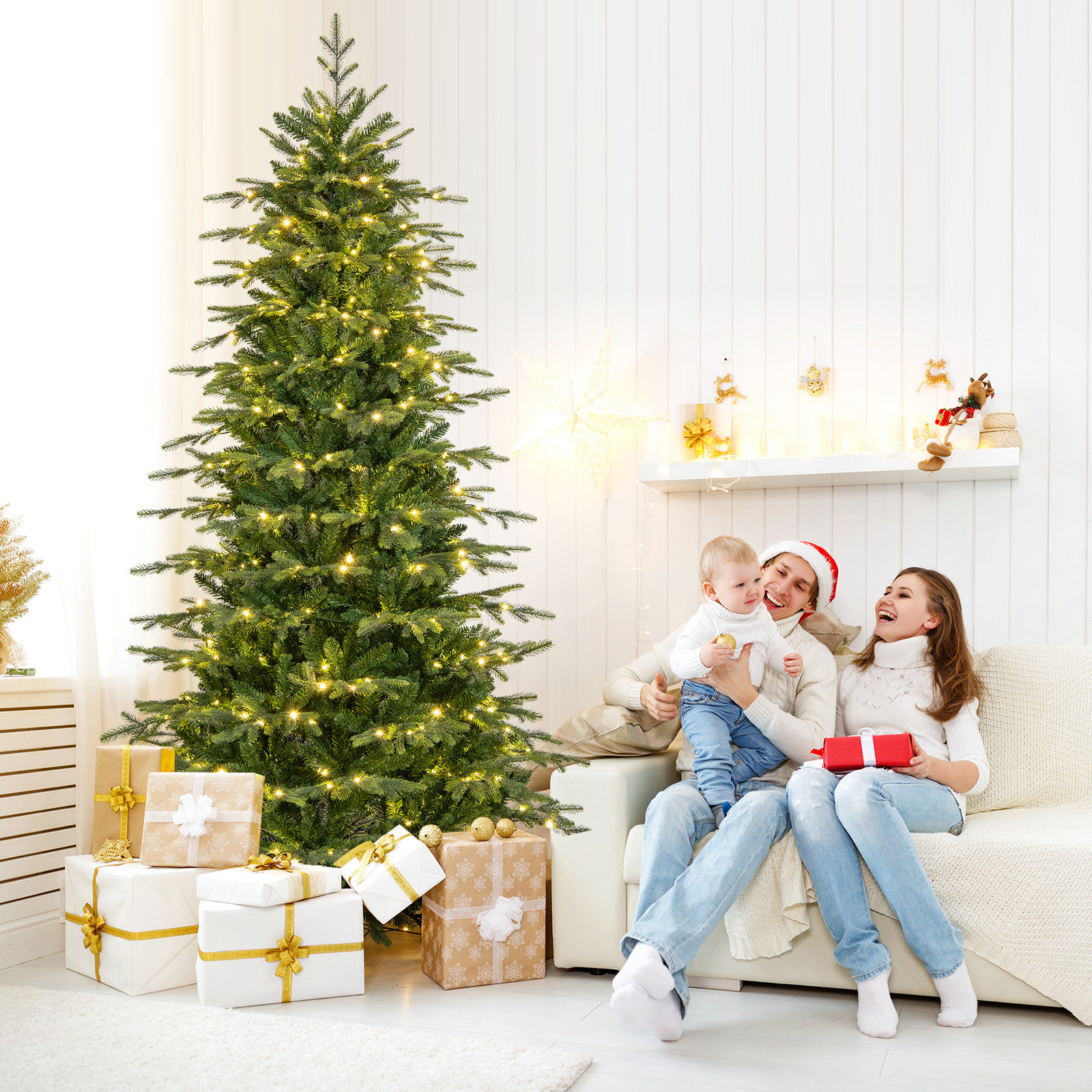Pre-lit Artificial Christmas Tree Hinged Xmas Tree w/ Branch Tips Multicolored LED Lights, 7.5'