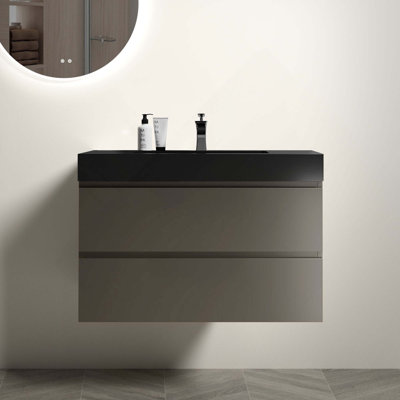 Grand meuble-lavabo mural de 36 po avec lavabo mural pour salle de bain moderne, lavabo une pièce sans drain ni robinet, pré-assemblé