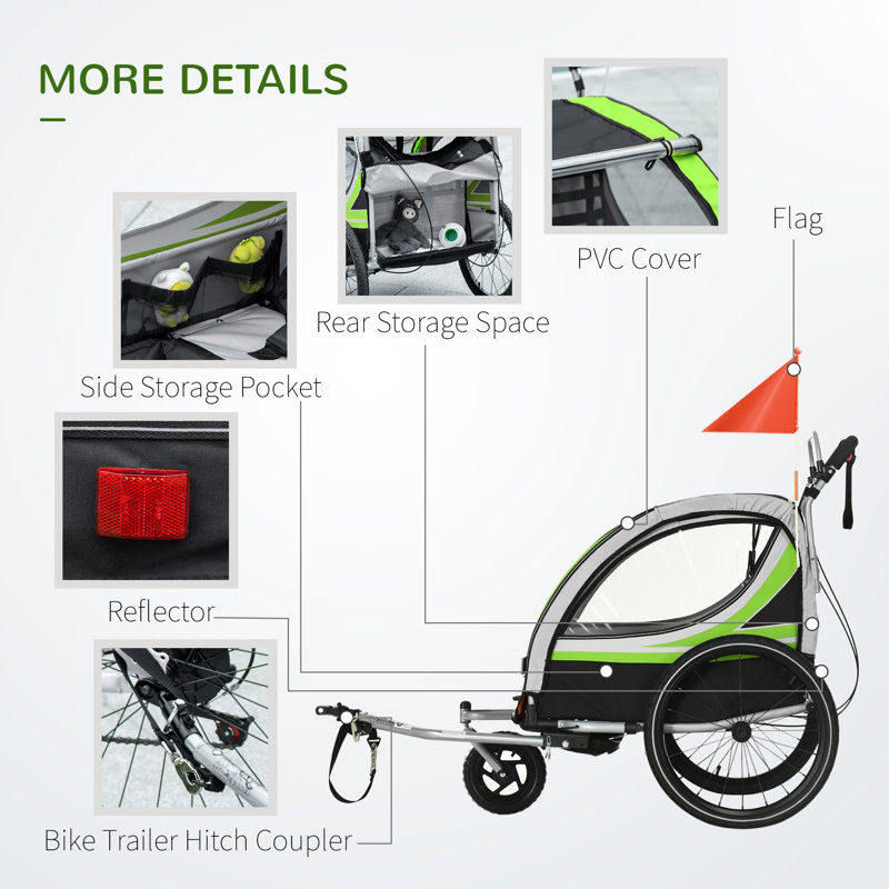 Green Foldable 2-in-1 Child Bike Trailer Stroller