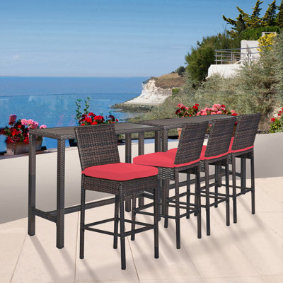 Outdoor Bar Set For Patio 6Pcs Outdoor Bar Tables And Chairs Set All Weather Bar Height High Top Outdoor Tables And Chairs Wicker Bar Stools Set Of 4 Tall Patio Table For Outside Backyard Brown (Red)