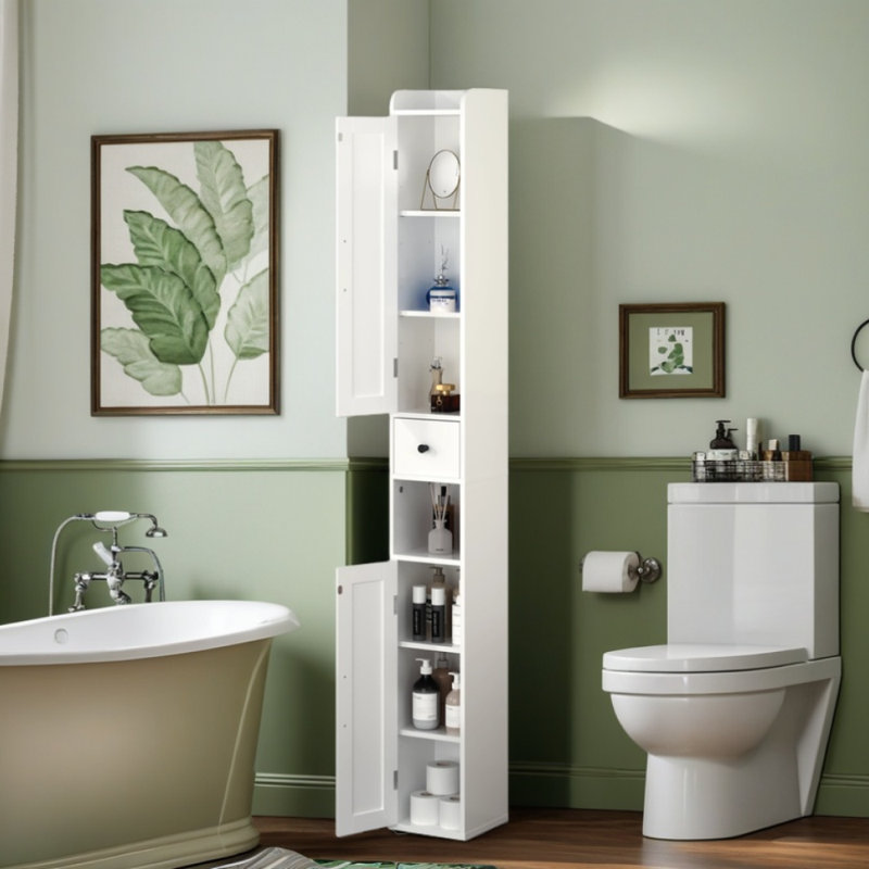 67.51" Tall Bathroom Storage Cabinet With Adjustable Shelves, Slim 2 Doors Freestanding Cabinet With Anti-tip, Open Compartments