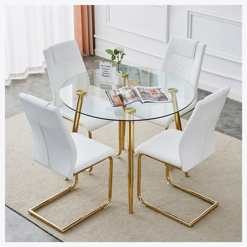 Ensemble de table et chaises, table de salle à manger circulaire, plateau de table en verre, Blanc, Doré