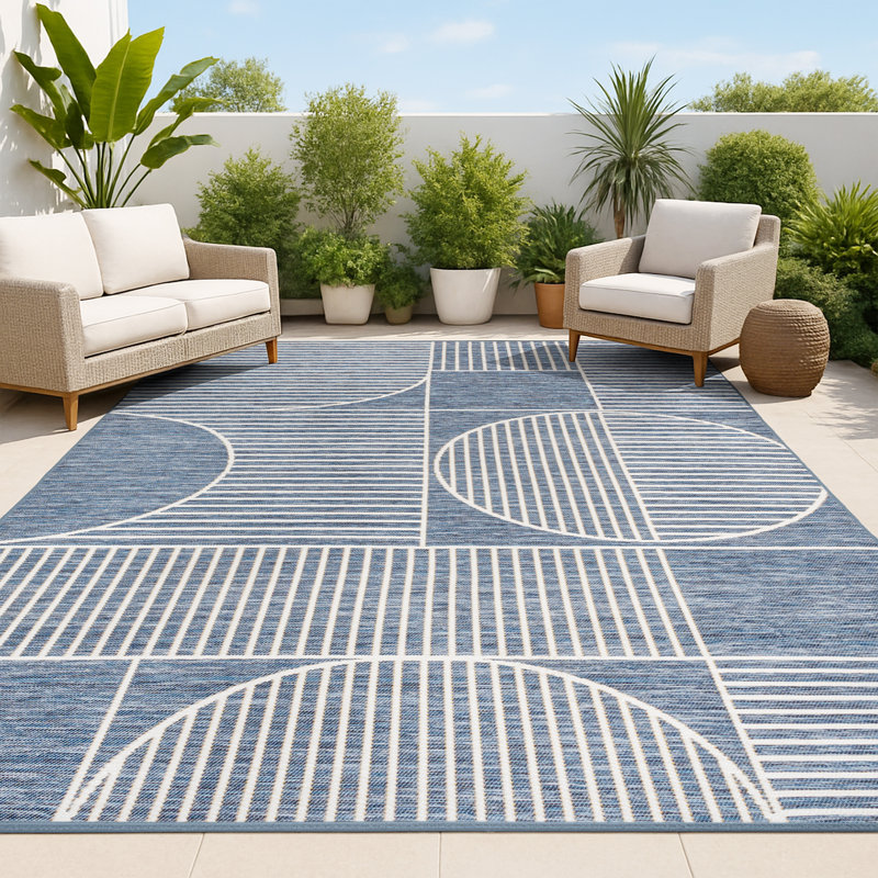 Tapis intérieur / extérieur bleu marine / crème Erkin Mid-Century, Rectangle 7 pi 9 po x 10 pi