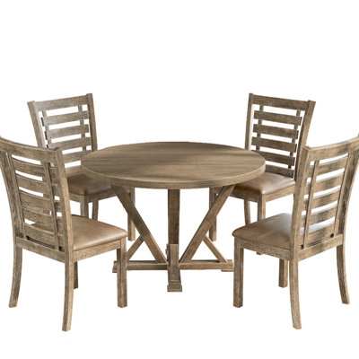 Table de salle à manger en bois massif, 45,7 pouces, bois d'hévéa, style rustique antique, aspect vieilli, brun grisâtre, finition 45,7 pouces pour 4 personnes, ronde