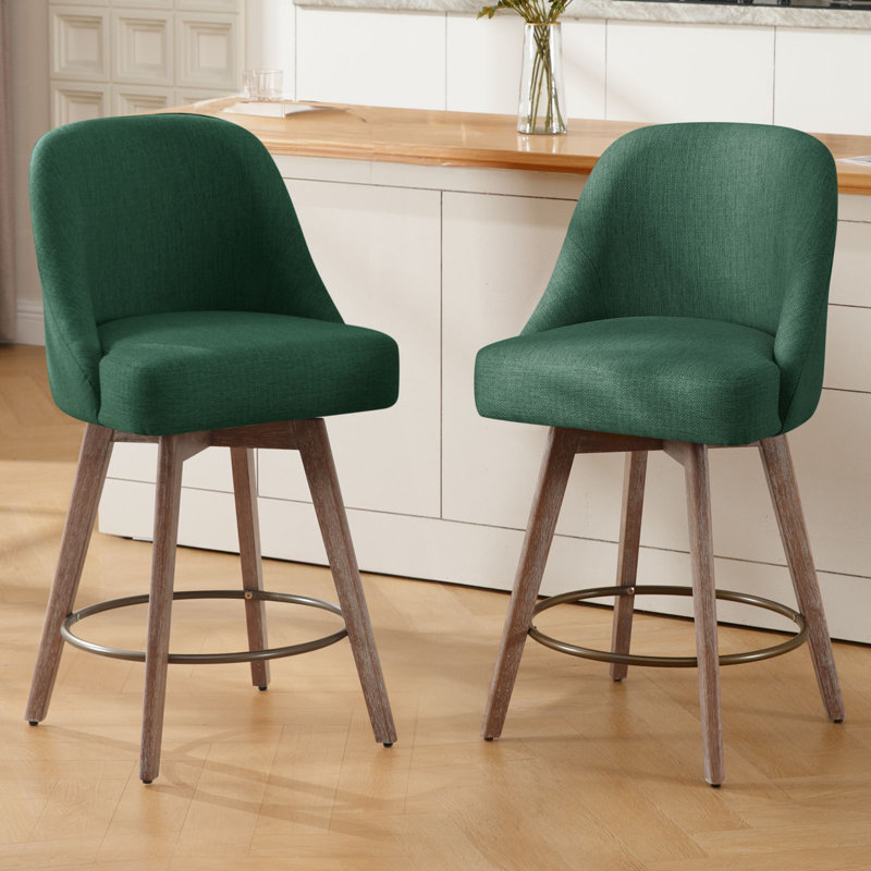 65CM Seat Height Modern Mid-Century Swivel Bar Stool with Backs and Wood Legs, Green
