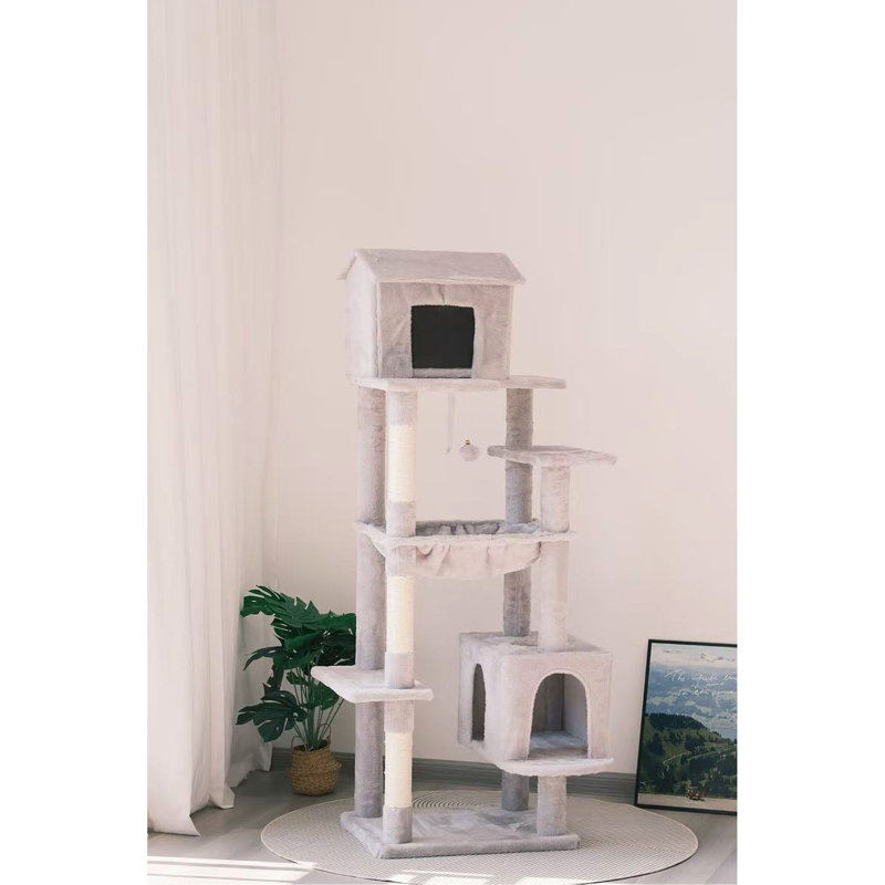 Arbre à chat à niveaux multiples gris de 63 pouces avec 5 niveaux, poteaux à griffer, cachette douce et une aventure amusante pour les chats