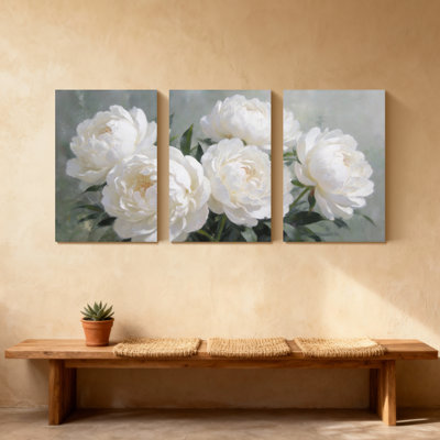 Plantes et fleurs, pivoines blanches, ensemble de 3 impressions sur toile