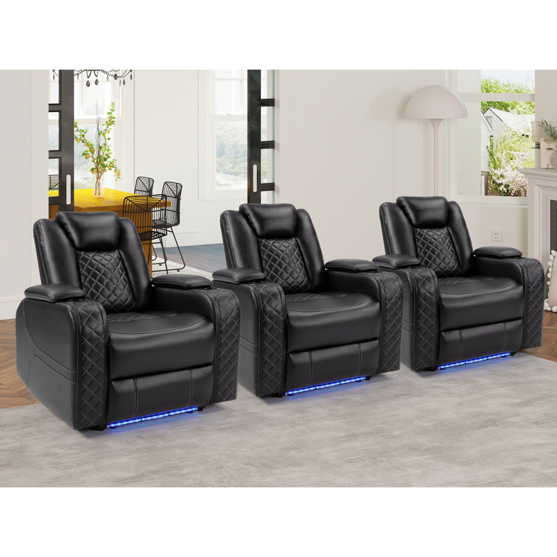 36.2" Wide Luxury Multifunctional Vegan Leather Power Reclining Home Theater Seat with Cupholder (Set of 3)