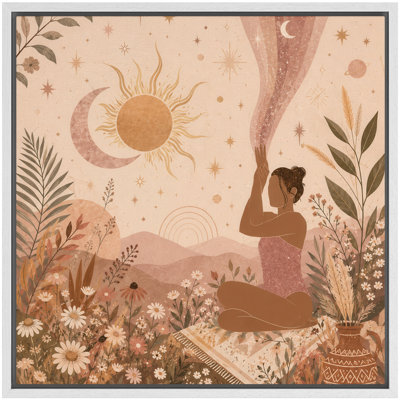 Boho Sun Moon Meditation Woman Floral Landscape Framed Canvas Master Bedroom Wall Art Work Print