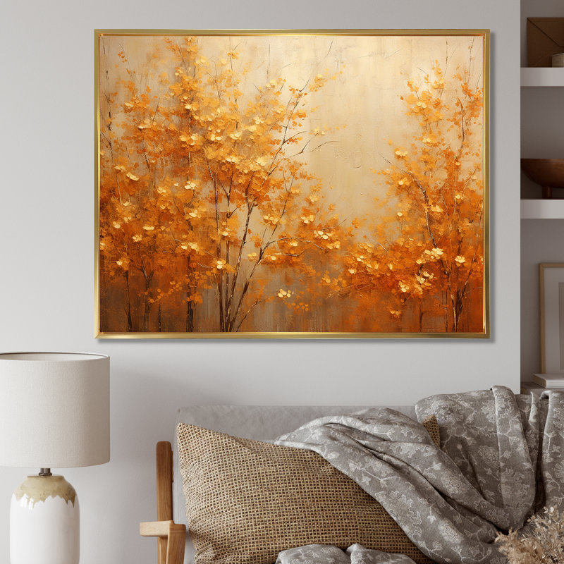 «Golden Autumn Forest Harmony I», art mural forêt pour le salon, H 16 po x l 32 po x P 1 po, Cadre flottant doré